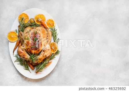 Traditional Christmas roasted chicken. Copy space. Traditional Christmas roasted chicken. Copy space. 46325692