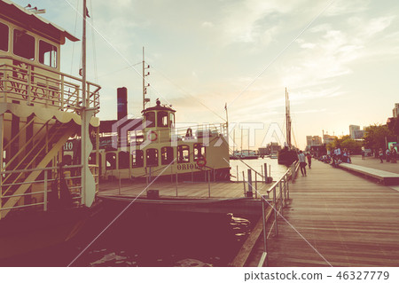 Sunset at the Ontario lake with tall ship standing Sunset at the Ontario lake with tall ship standing 46327779
