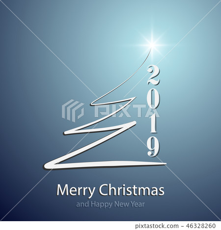 Merry Christmas and Happy New Year 2019 background with white christmas tree and numbers on blue Merry Christmas and Happy New Year 2019 background with white christmas tree and numbers on blue 46328260