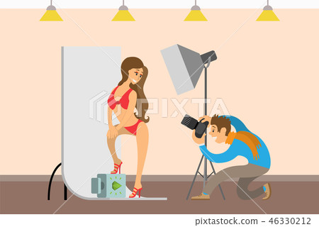 Photographer and Model in Swimsuit in Photo Studio Photographer and Model in Swimsuit in Photo Studio 46330212