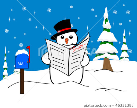 Snowman reading news paper on winter background - Stock