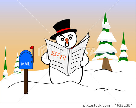 Snowman reading news paper on winter background - Stock