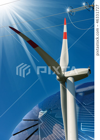 Solar Panel Wind Turbine and Power Line 46331727