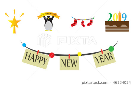 Happy New Year 2019 typographic emblems set. Vector logo, text design. Usable for banners, greeting 46334034