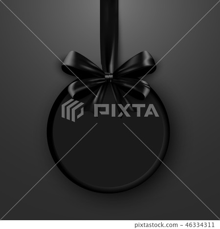 Christmas design template. Invitation banner with black bow ribbon isolated on dark backdrop 46334311
