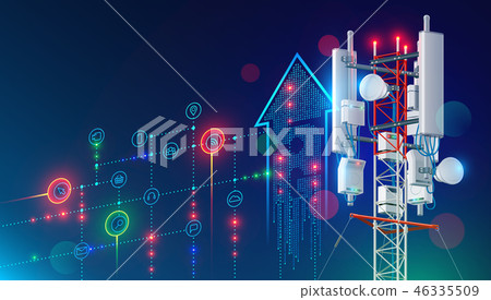 5G communication tower for wireless hi-speed internet. Mobile network technology in city life 46335509