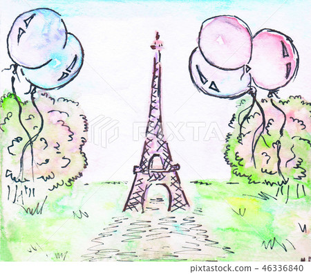 Eiffel tower. Green lawn, balloons and green trees -illustration. 46336840