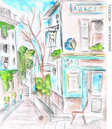 Paris street. The facade of the cafe. illustration. Watercolor 46336841