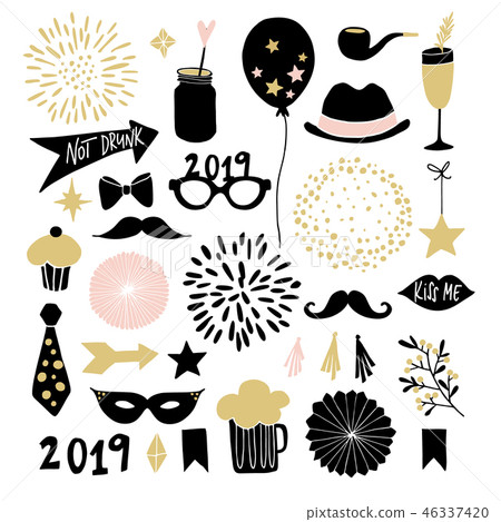 Set of hand drawn New Year or birthday party graphic elements. Fireworks, drinks, cupcake, moustache 46337420
