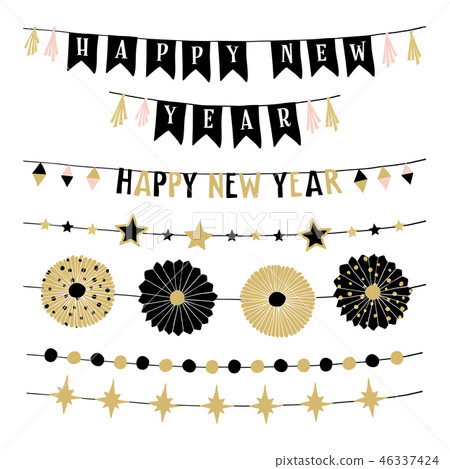 Set of birthday or New Year decorative borders, strings or garlands. Party decoration with stars 46337424