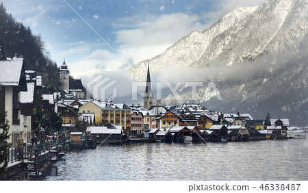 Toned winter scenic photo of village of Hallstatt Toned winter scenic photo of village of Hallstatt 46338487