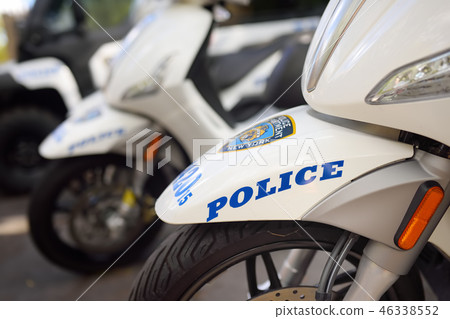 Row of police motorcycles on street on New York Row of police motorcycles on street on New York 46338552