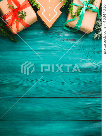 Christmas gift boxes on green background 46344310