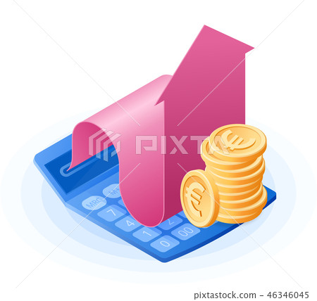The calculator, growing arrow graph, euro coins. The calculator, growing arrow graph, euro coins. 46346045