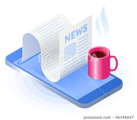 The smart phone, newspaper, mug of coffee. The smart phone, newspaper, mug of coffee. 46346047