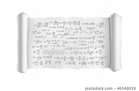 White scroll with lot of hand-drawn complicated scientific formulas and calculations, blueprint plan 46348039