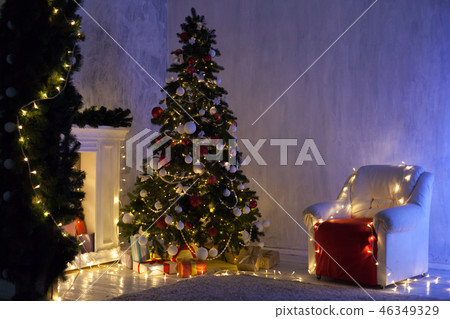 Christmas background Christmas tree new year gifts decor holiday decoration garlands of lights 46349329