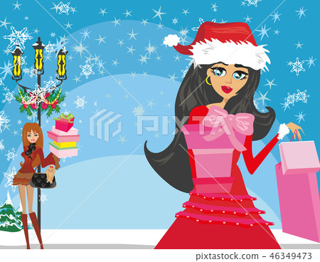 Beautiful girls on winter shopping, card 46349473