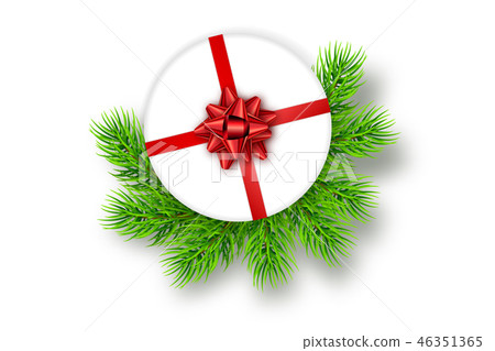 Holiday gift box with red bow, fir tree branches - Stock Illustration ...