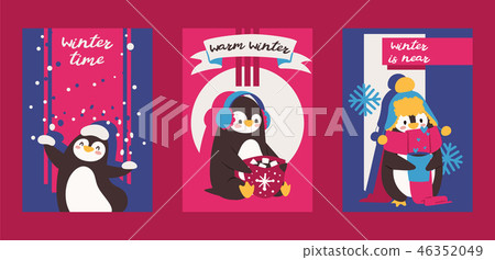 Christmas greeting card with pinguin. Enjoy winter time. Warm winter. Winter is near. Cartoon 46352049