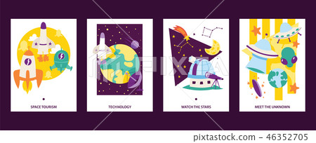 Space science cards set. Flying rockets. Space tourism. Technoogy. Watch the stars. Meet the uknown 46352705