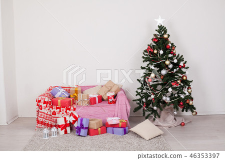 Christmas tree gifts new year white room with sofa Christmas tree gifts new year white room with sofa 46353397