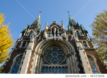 Bottom view on Catholic church of St. Elisabeth Bottom view on Catholic church of St. Elisabeth 46353608