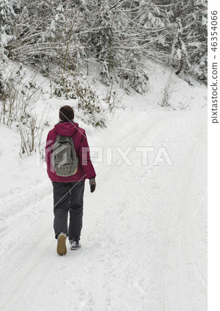 Girl with a backpack walking along road in snowy Girl with a backpack walking along road in snowy 46354066