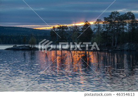 North Russian lake landscape on sunset, Murmansk region North Russian lake landscape on sunset, Murmansk region 46354613