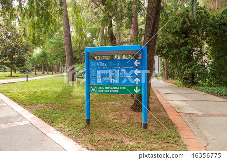 Blue information signs on the direction of the park area in the hotel Blue information signs on the direction of the park area in the hotel 46356775