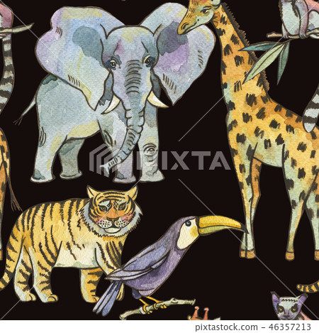 Watercolor seamless pattern with jungle animals, Natural Exotic  46357213