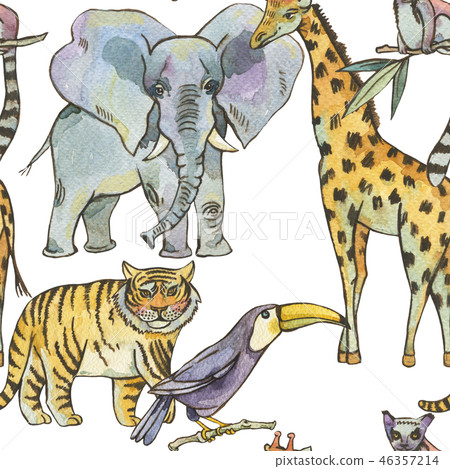 Watercolor seamless pattern with jungle animals, Natural Exotic  46357214