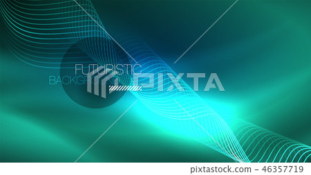 Glowing abstract wave on dark, shiny motion, Christmas and New Year magic space light. Techno Glowing abstract wave on dark, shiny motion, Christmas and New Year magic space light. Techno 46357719