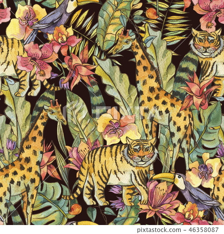 Watercolor Seamless Pattern with flowers of orchids, monstera, p 46358087