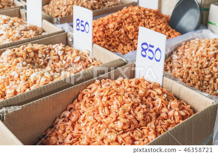 Dried shrimp in bucket for sale in Thai market Dried shrimp in bucket for sale in Thai market 46358721