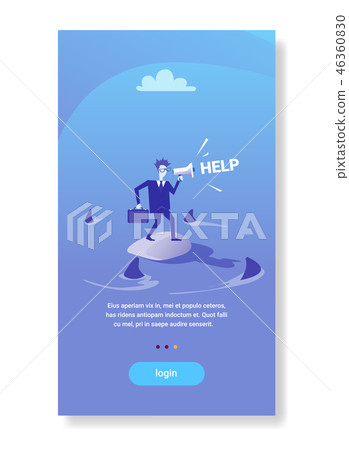 businessman standing island calling for help in sea water sharks around financial crisis business businessman standing island calling for help in sea water sharks around financial crisis business 46360830