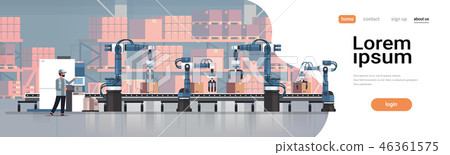 man engineer controlling conveyor belt line robotic hands factory automation production man engineer controlling conveyor belt line robotic hands factory automation production 46361575
