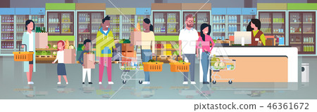 retail woman cashier at checkout supermarket mix race customers holding basket with food standing retail woman cashier at checkout supermarket mix race customers holding basket with food standing 46361672