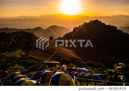 tent in the sunset overlooking mountains tent in the sunset overlooking mountains 46363424