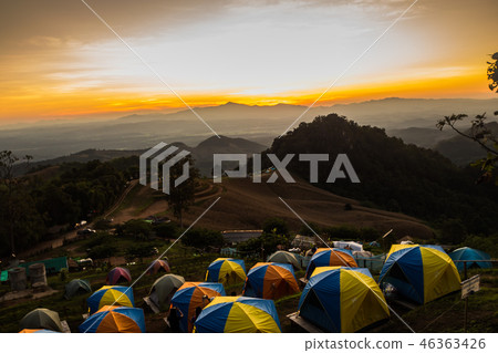 tent in the sunset overlooking mountains tent in the sunset overlooking mountains 46363426