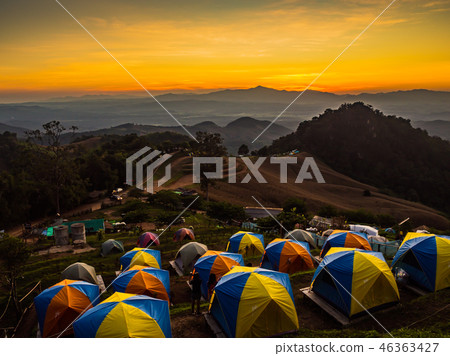 tent in the sunset overlooking mountains tent in the sunset overlooking mountains 46363427
