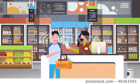 retail woman cashier at checkout supermarket giving receipt bill man customer holding basket with 46363565