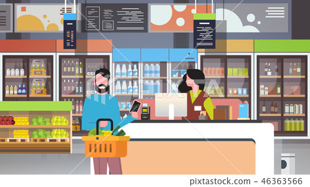 retail woman cashier at checkout supermarket man customer holding basket food paying smartphone 46363566