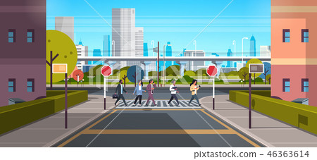 mix race people going crosswalk modern city street skyscraper downtown road urban cityscape mix race people going crosswalk modern city street skyscraper downtown road urban cityscape 46363614