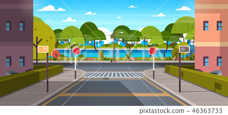 city street buildings empty downtown road urban park river green trees wooden benches cityscape city street buildings empty downtown road urban park river green trees wooden benches cityscape 46363733