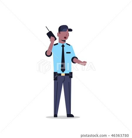 african american security guard man in uniform holding radio police officer speaking walkie talkie african american security guard man in uniform holding radio police officer speaking walkie talkie 46363780