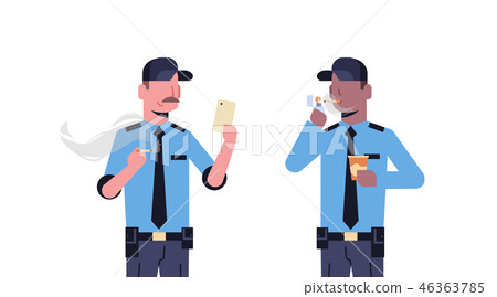 mix race security guard men having coffee break and smoking cigarettes two colleagues in uniform 46363785