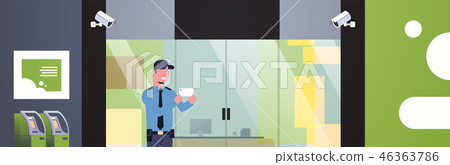 security guard mantaking selfie distracted at workplace entrance door business building exterior 46363786