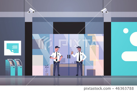 security guard men drinking coffee working entrance door business building exterior CCTV 46363788