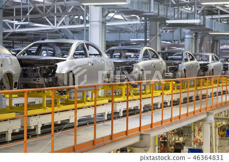 body of car on conveyor Modern Assembly of cars at plant. automated build process of car body 46364831